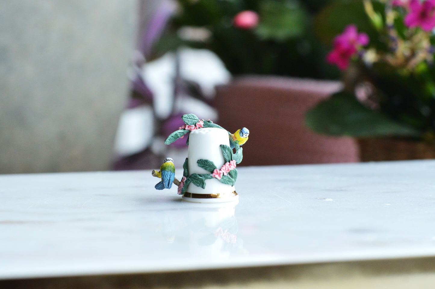 Vintage Sterling Classic Porcelain Thimble – Hand-Painted Blue Tits with Pink Blossoms – 3D English Bone China Collectible