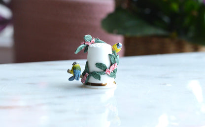 Vintage Sterling Classic Porcelain Thimble – Hand-Painted Blue Tits with Pink Blossoms – 3D English Bone China Collectible
