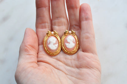 Vintage Avon Pink and White Cameo Earrings, Gold Tone Oval Studs with Bow and Faux Pearl Accents, Victorian Revival Style Estate Jewelry
