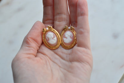Vintage Avon Pink and White Cameo Earrings, Gold Tone Oval Studs with Bow and Faux Pearl Accents, Victorian Revival Style Estate Jewelry