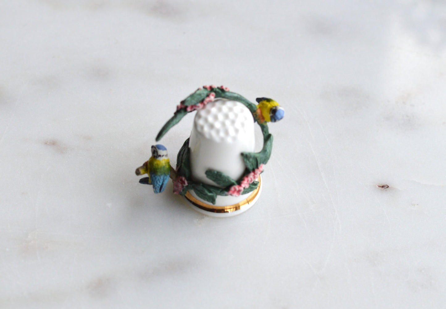 Vintage Sterling Classic Porcelain Thimble – Hand-Painted Blue Tits with Pink Blossoms – 3D English Bone China Collectible
