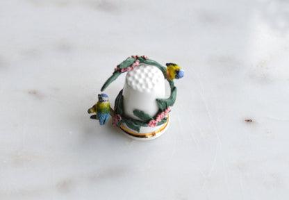 Vintage Sterling Classic Porcelain Thimble – Hand-Painted Blue Tits with Pink Blossoms – 3D English Bone China Collectible