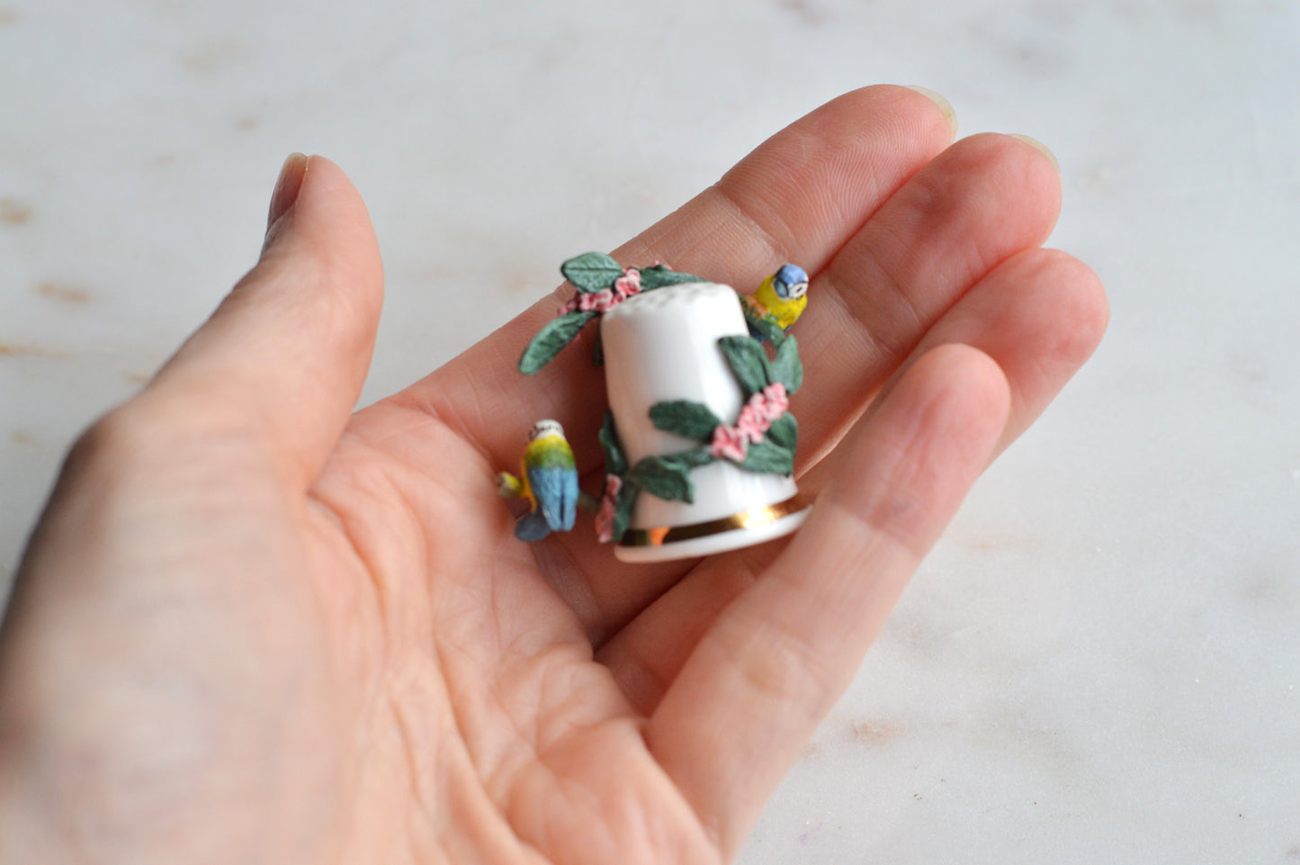 Vintage Sterling Classic Porcelain Thimble – Hand-Painted Blue Tits with Pink Blossoms – 3D English Bone China Collectible