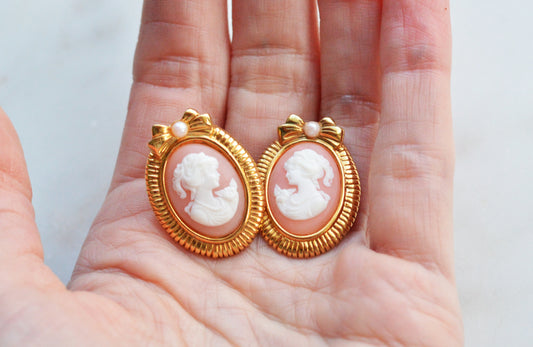 Vintage Avon Pink and White Cameo Earrings, Gold Tone Oval Studs with Bow and Faux Pearl Accents, Victorian Revival Style Estate Jewelry