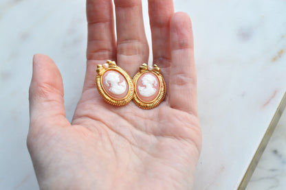 Vintage Avon Pink and White Cameo Earrings, Gold Tone Oval Studs with Bow and Faux Pearl Accents, Victorian Revival Style Estate Jewelry