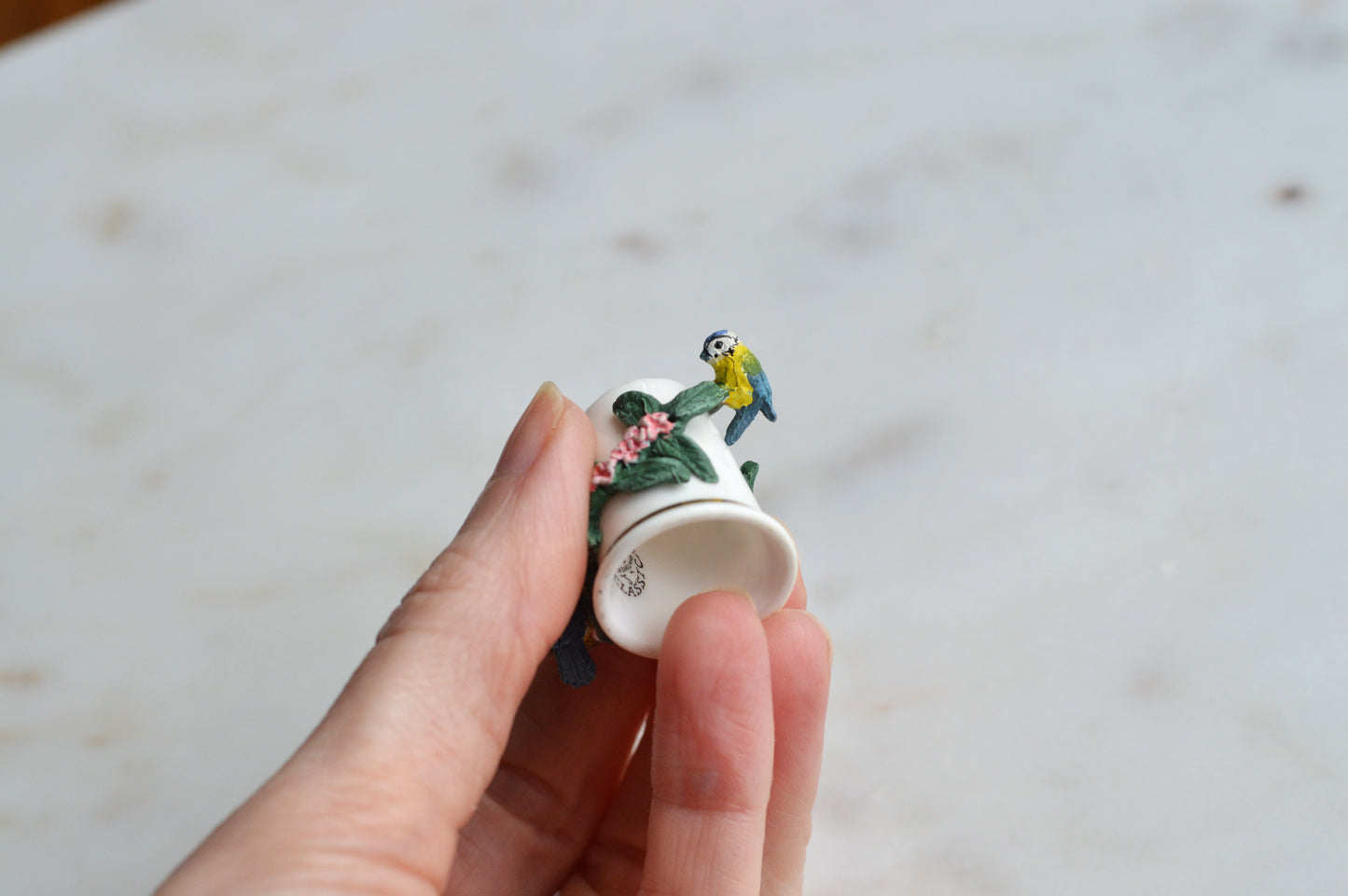 Vintage Sterling Classic Porcelain Thimble – Hand-Painted Blue Tits with Pink Blossoms – 3D English Bone China Collectible