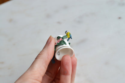 Vintage Sterling Classic Porcelain Thimble – Hand-Painted Blue Tits with Pink Blossoms – 3D English Bone China Collectible