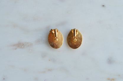 Vintage Avon Pink and White Cameo Earrings, Gold Tone Oval Studs with Bow and Faux Pearl Accents, Victorian Revival Style Estate Jewelry