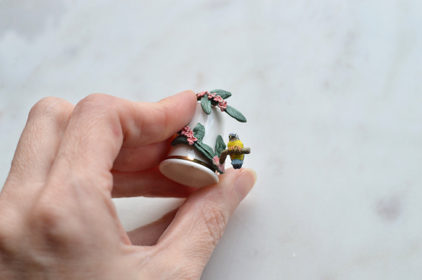 Vintage Sterling Classic Porcelain Thimble – Hand-Painted Blue Tits with Pink Blossoms – 3D English Bone China Collectible