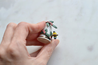 Vintage Sterling Classic Porcelain Thimble – Hand-Painted Blue Tits with Pink Blossoms – 3D English Bone China Collectible
