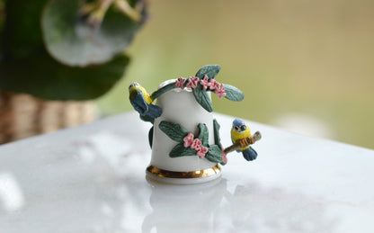 Vintage Sterling Classic Porcelain Thimble – Hand-Painted Blue Tits with Pink Blossoms – 3D English Bone China Collectible