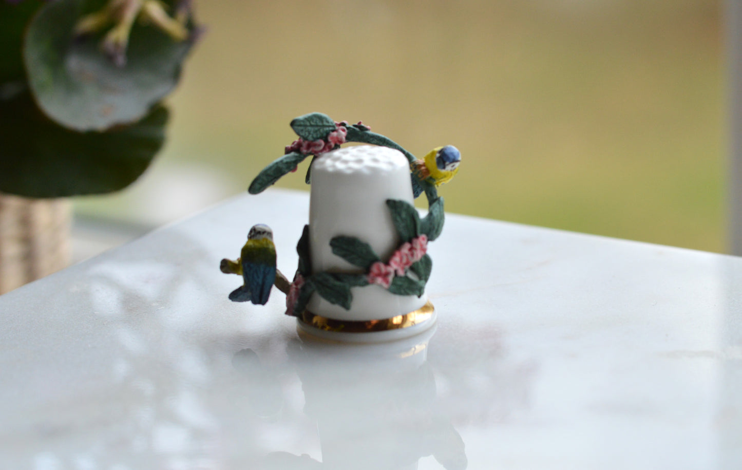 Vintage Sterling Classic Porcelain Thimble – Hand-Painted Blue Tits with Pink Blossoms – 3D English Bone China Collectible