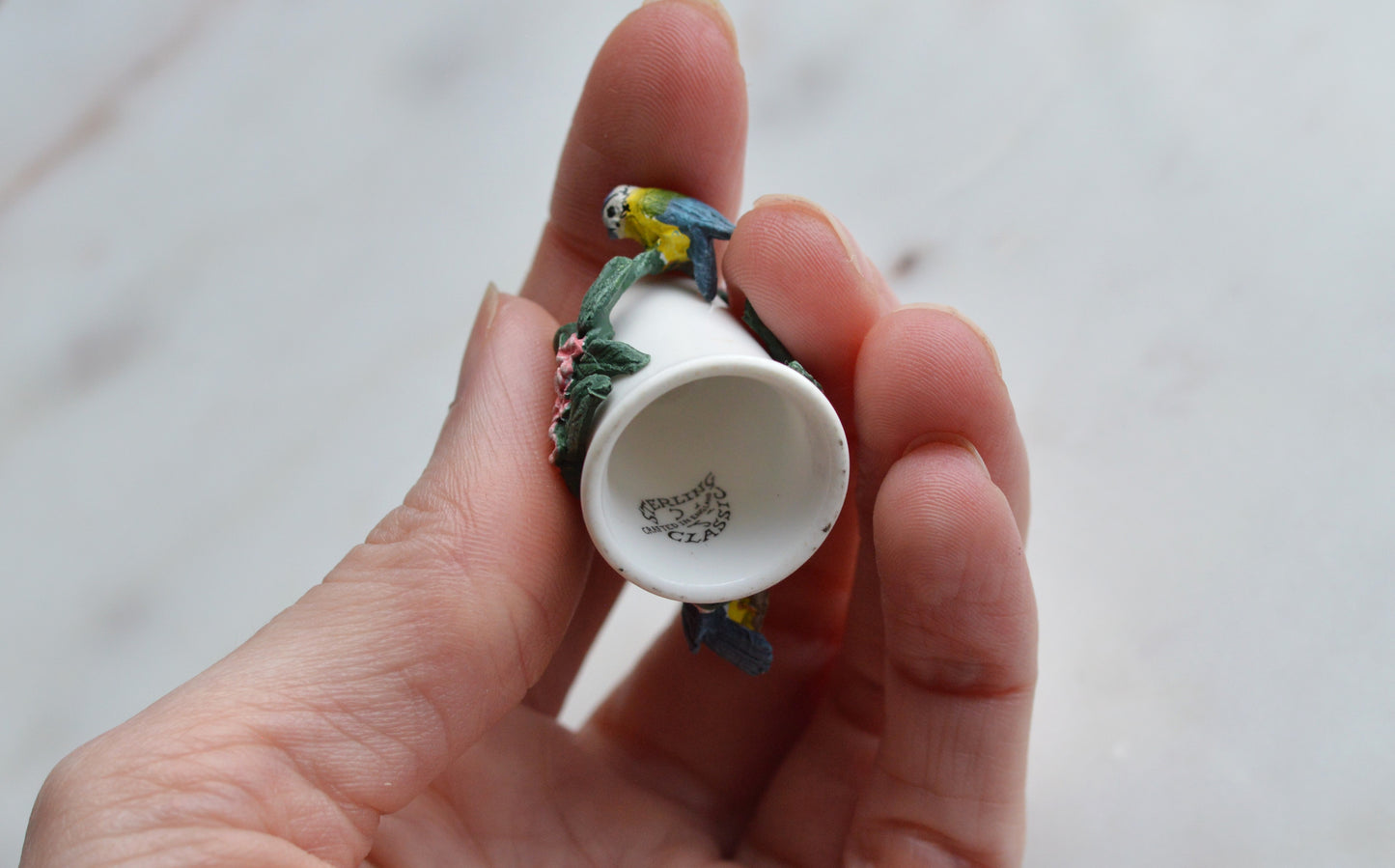 Vintage Sterling Classic Porcelain Thimble – Hand-Painted Blue Tits with Pink Blossoms – 3D English Bone China Collectible