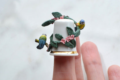 Vintage Sterling Classic Porcelain Thimble – Hand-Painted Blue Tits with Pink Blossoms – 3D English Bone China Collectible