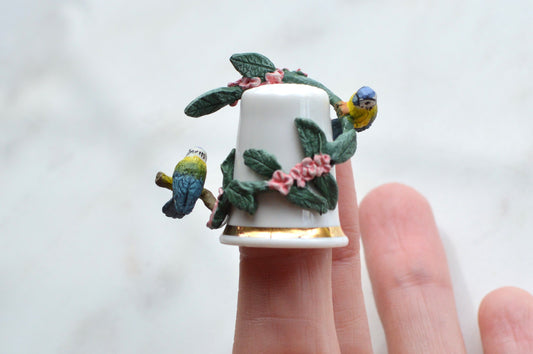 Vintage Sterling Classic Porcelain Thimble – Hand-Painted Blue Tits with Pink Blossoms – 3D English Bone China Collectible