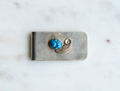 Vintage Southwestern Money Clip with Turquoise Stone • Silver Tone Feather Design • Rustic Boho Western Accessory • Men’s Gift