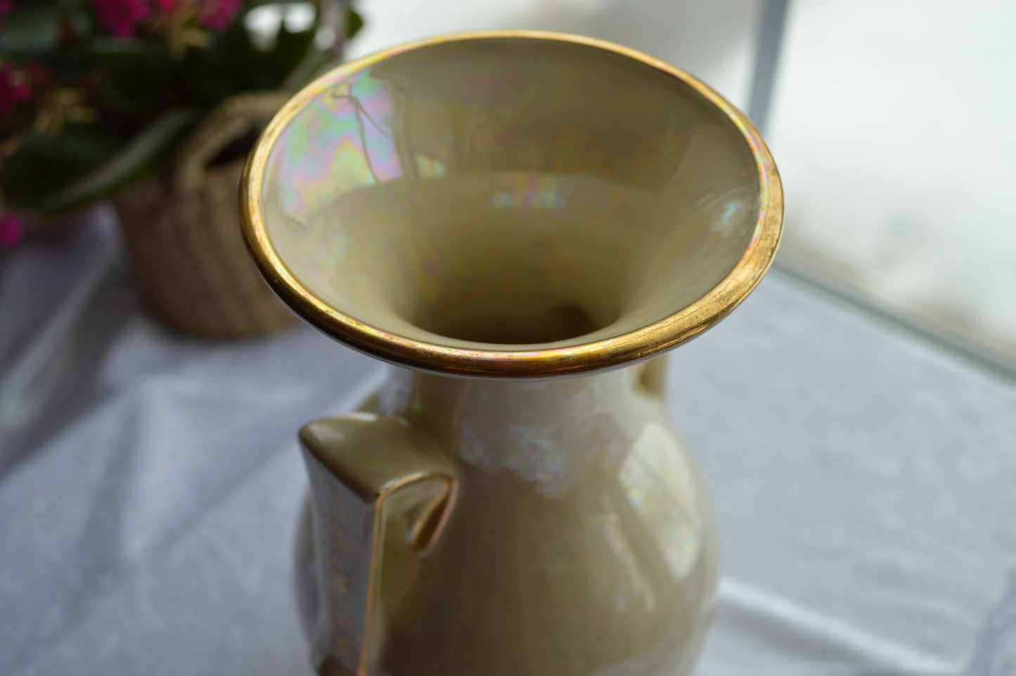 Art Deco Design Iridescent Lusterware 22 Karat Gold Trim Double Handles