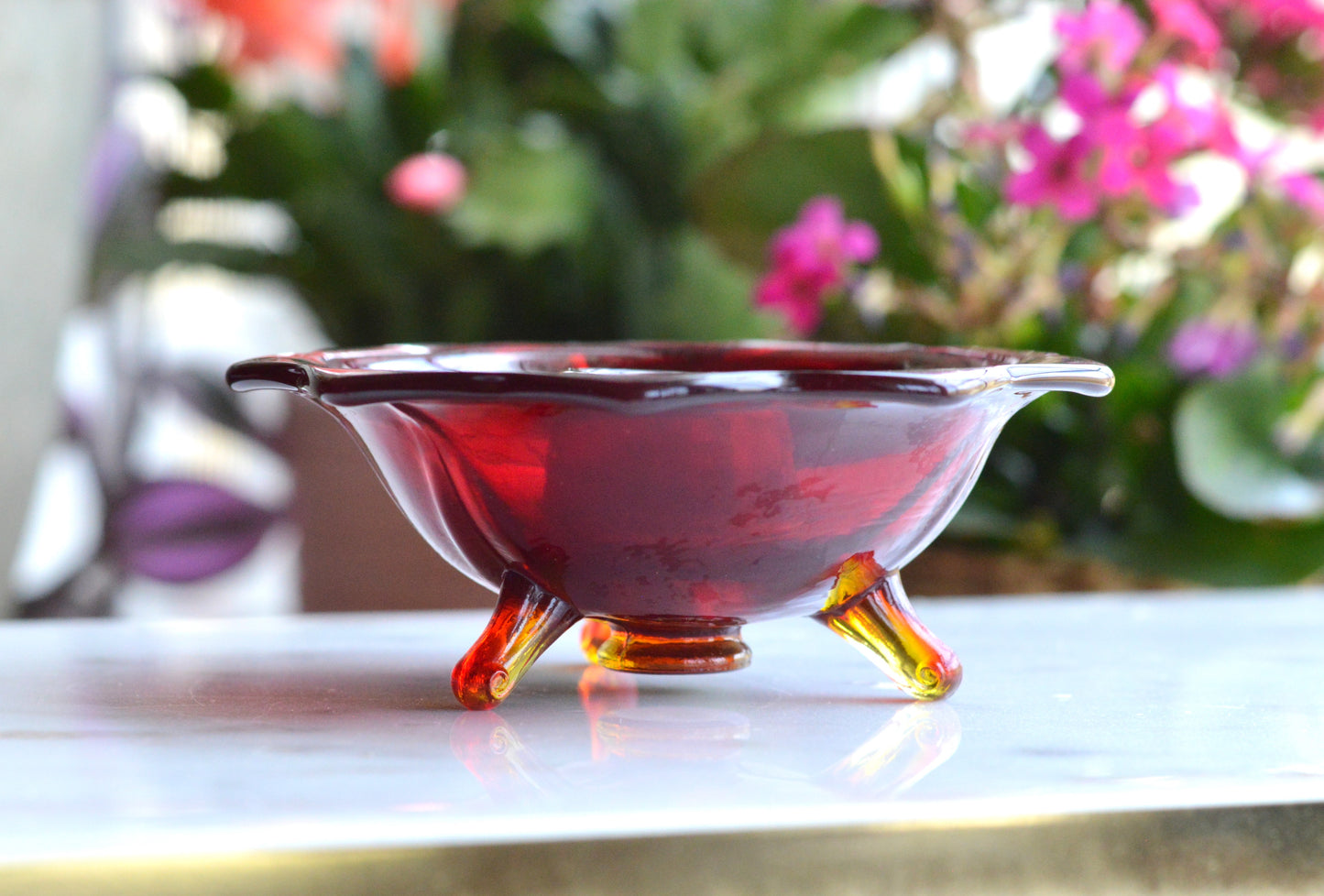 Vintage Red Art Glass Taper Candle Holder with Amber Pulled Feet • Mid‑Century Czech Style Tripod Candleholder