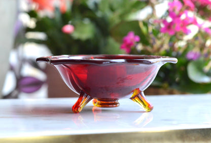 Vintage Red Art Glass Taper Candle Holder with Amber Pulled Feet • Mid‑Century Czech Style Tripod Candleholder
