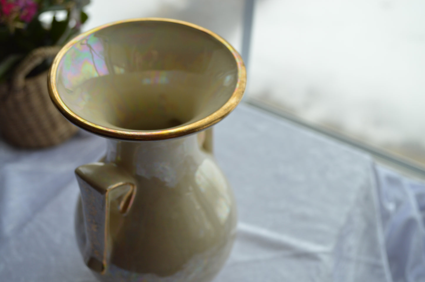 Art Deco Design Iridescent Lusterware 22 Karat Gold Trim Double Handles