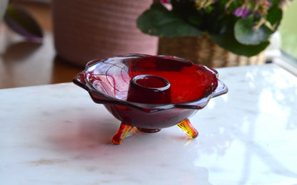 Vintage Red Art Glass Taper Candle Holder with Amber Pulled Feet • Mid‑Century Czech Style Tripod Candleholder