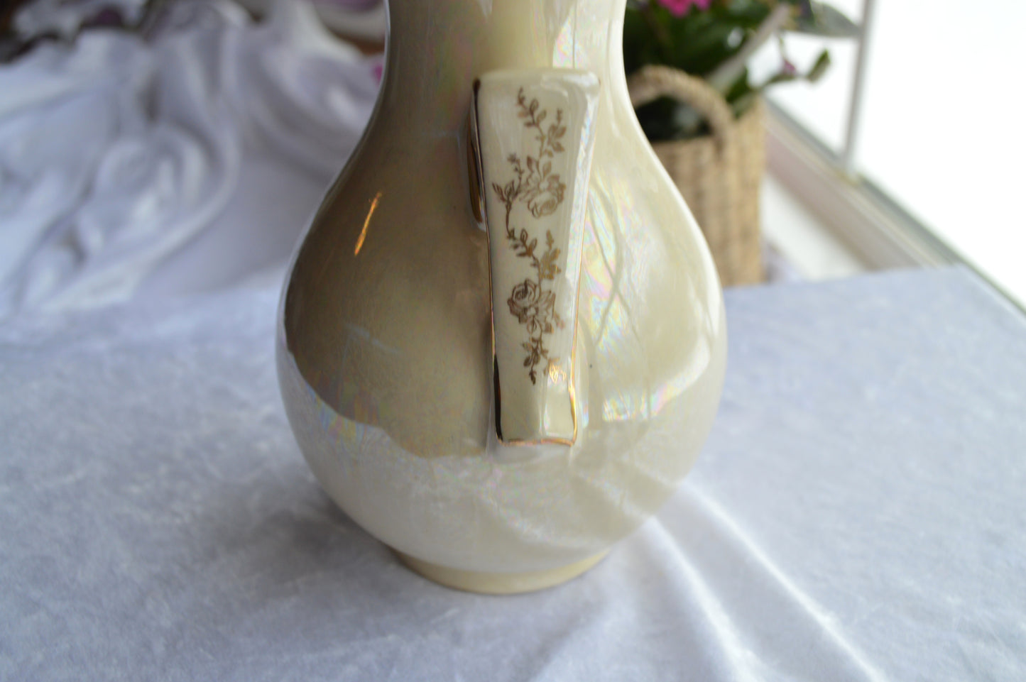 Art Deco Design Iridescent Lusterware 22 Karat Gold Trim Double Handles