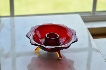 Vintage Red Art Glass Taper Candle Holder with Amber Pulled Feet • Mid‑Century Czech Style Tripod Candleholder