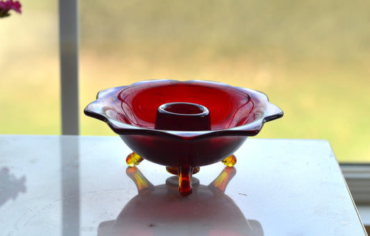 Vintage Red Art Glass Taper Candle Holder with Amber Pulled Feet • Mid‑Century Czech Style Tripod Candleholder