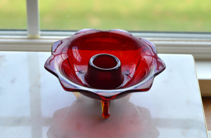 Vintage Red Art Glass Taper Candle Holder with Amber Pulled Feet • Mid‑Century Czech Style Tripod Candleholder