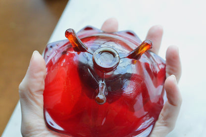 Vintage Red Art Glass Taper Candle Holder with Amber Pulled Feet • Mid‑Century Czech Style Tripod Candleholder