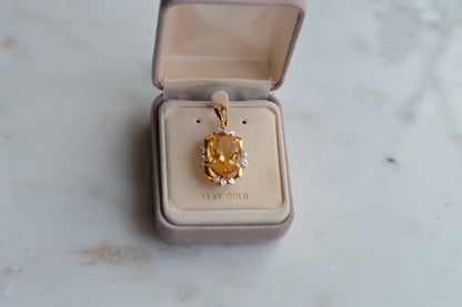 Large Vintage 14K Gold Citrine & Diamond Pendant - Oval Pendant Floral Halo - Mid-Century Statement Estate Jewelry