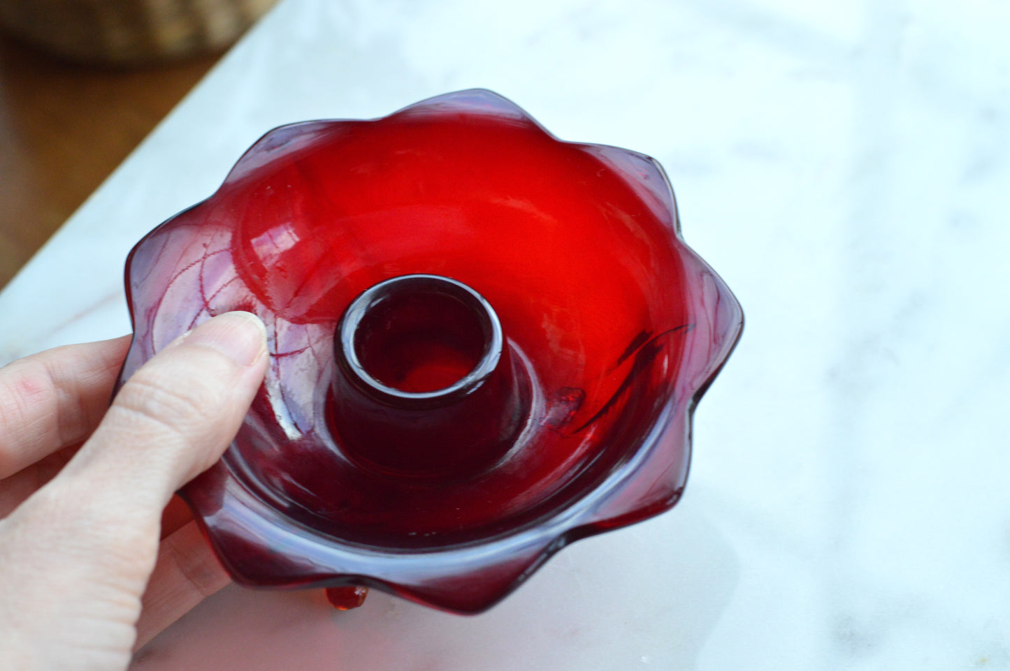 Vintage Red Art Glass Taper Candle Holder with Amber Pulled Feet • Mid‑Century Czech Style Tripod Candleholder