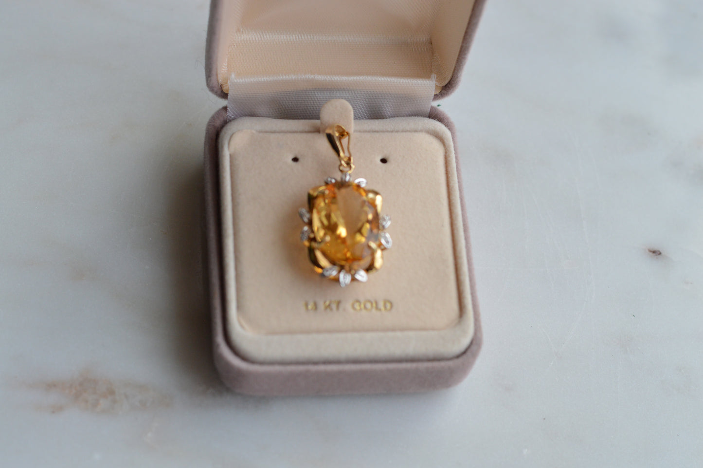 Large Vintage 14K Gold Citrine & Diamond Pendant - Oval Pendant Floral Halo - Mid-Century Statement Estate Jewelry