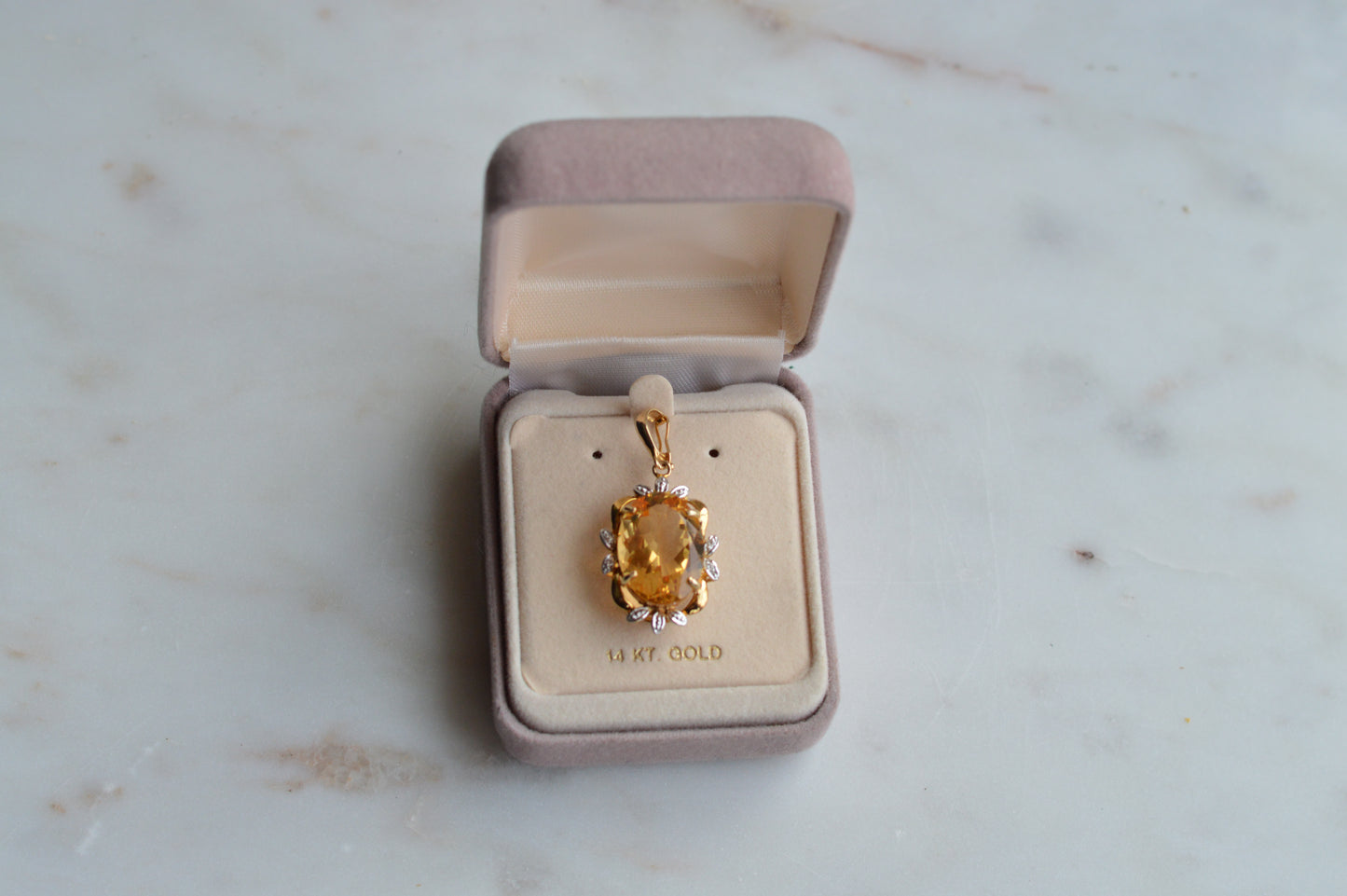 Large Vintage 14K Gold Citrine & Diamond Pendant - Oval Pendant Floral Halo - Mid-Century Statement Estate Jewelry
