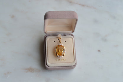 Large Vintage 14K Gold Citrine & Diamond Pendant - Oval Pendant Floral Halo - Mid-Century Statement Estate Jewelry