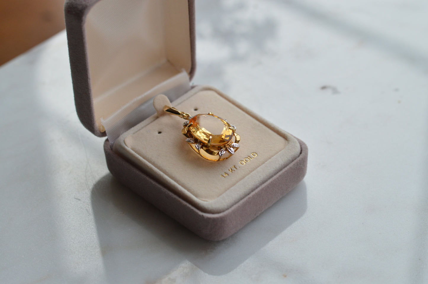 Large Vintage 14K Gold Citrine & Diamond Pendant - Oval Pendant Floral Halo - Mid-Century Statement Estate Jewelry