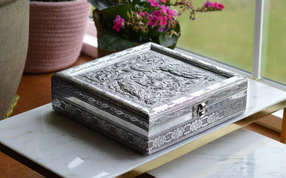 Vintage Indo-Persian Peacock Repoussé Jewelry Box – Ornate Hand-Chased Silver Tone Casket with Mirror & Blue Velvet Lining