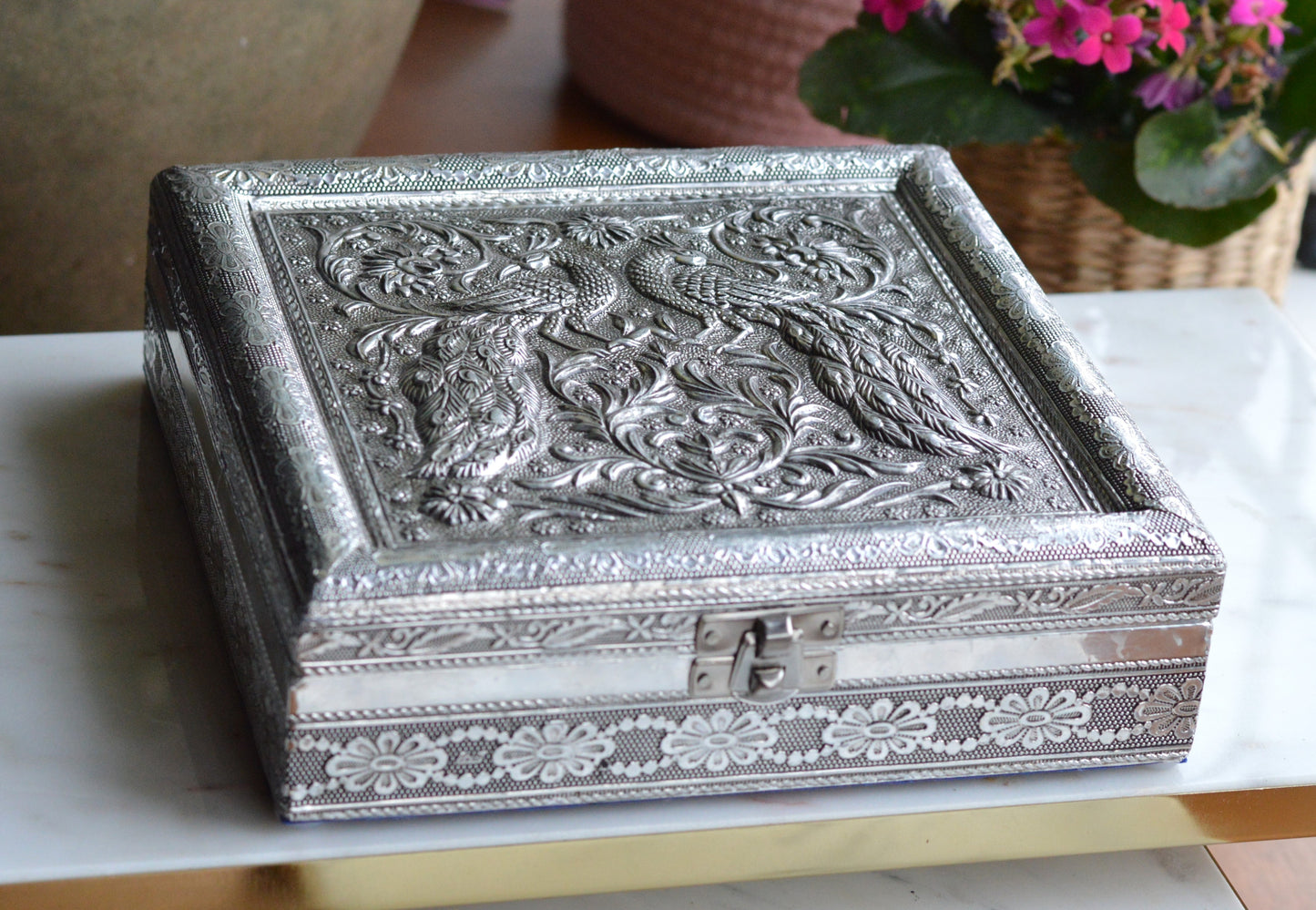 Vintage Indo-Persian Peacock Repoussé Jewelry Box – Ornate Hand-Chased Silver Tone Casket with Mirror & Blue Velvet Lining