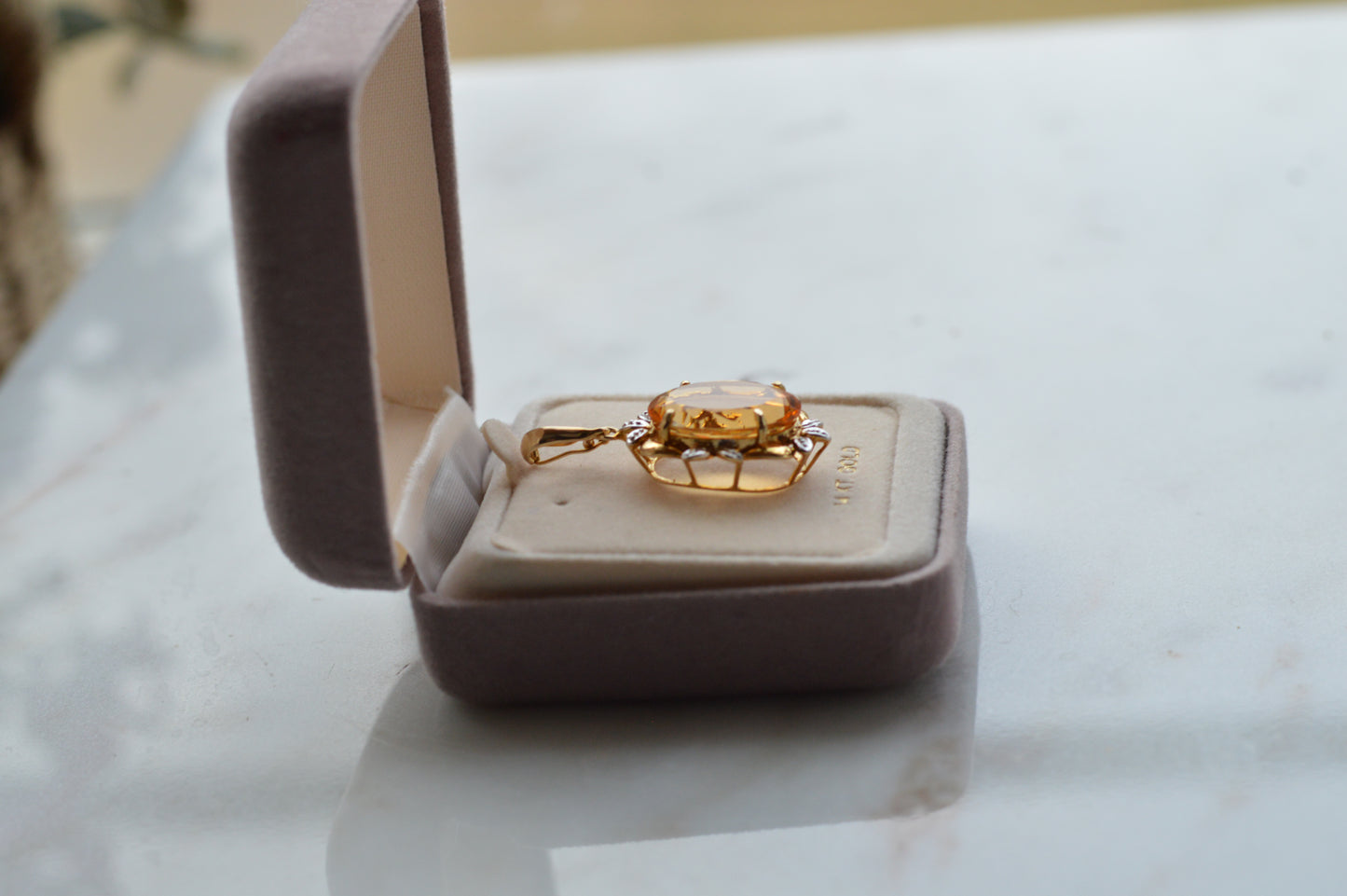 Large Vintage 14K Gold Citrine & Diamond Pendant - Oval Pendant Floral Halo - Mid-Century Statement Estate Jewelry