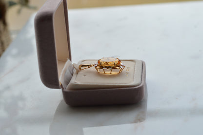 Large Vintage 14K Gold Citrine & Diamond Pendant - Oval Pendant Floral Halo - Mid-Century Statement Estate Jewelry