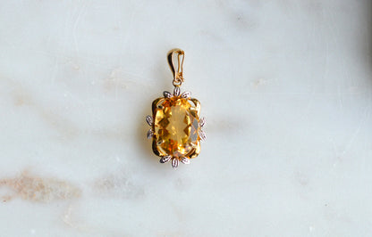 Large Vintage 14K Gold Citrine & Diamond Pendant - Oval Pendant Floral Halo - Mid-Century Statement Estate Jewelry