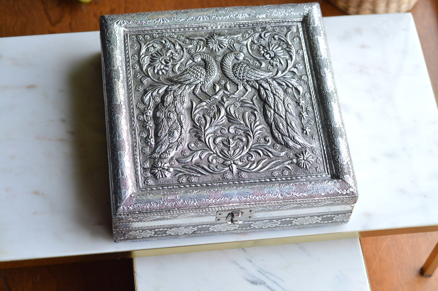 Vintage Indo-Persian Peacock Repoussé Jewelry Box – Ornate Hand-Chased Silver Tone Casket with Mirror & Blue Velvet Lining