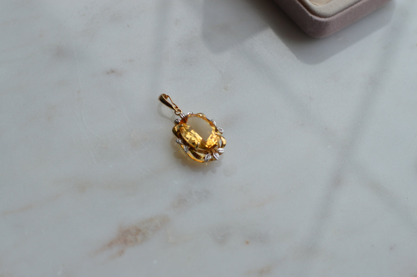 Large Vintage 14K Gold Citrine & Diamond Pendant - Oval Pendant Floral Halo - Mid-Century Statement Estate Jewelry