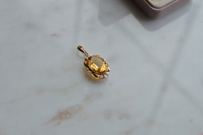 Large Vintage 14K Gold Citrine & Diamond Pendant - Oval Pendant Floral Halo - Mid-Century Statement Estate Jewelry