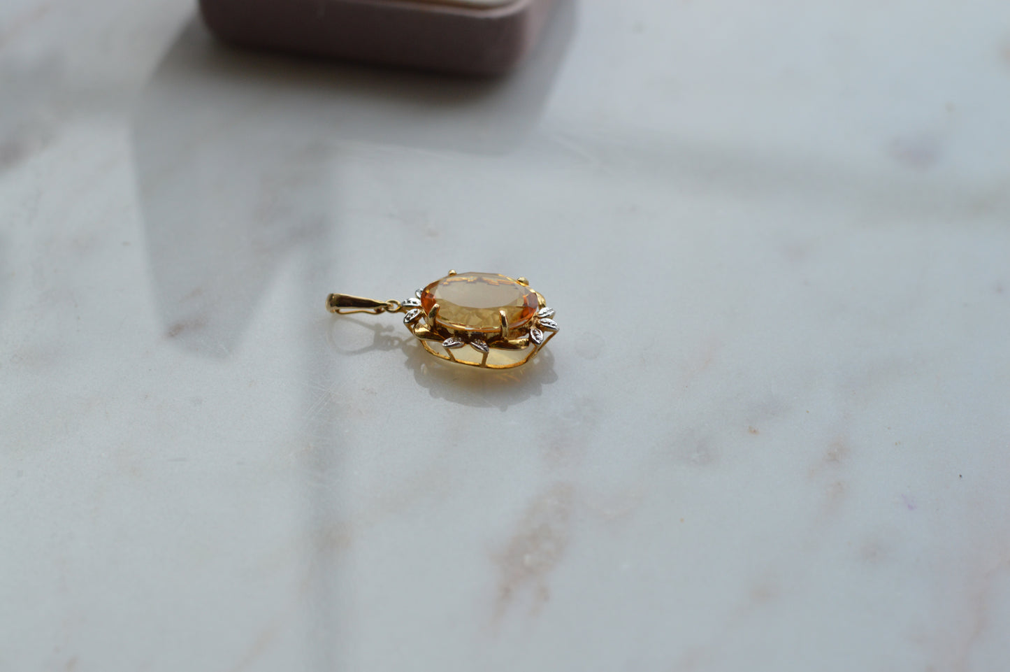 Large Vintage 14K Gold Citrine & Diamond Pendant - Oval Pendant Floral Halo - Mid-Century Statement Estate Jewelry
