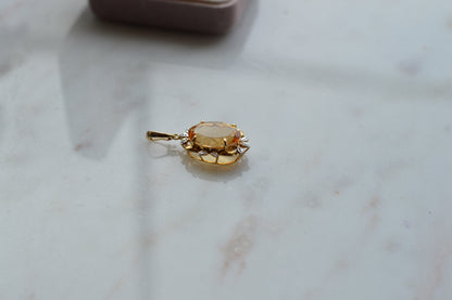 Large Vintage 14K Gold Citrine & Diamond Pendant - Oval Pendant Floral Halo - Mid-Century Statement Estate Jewelry