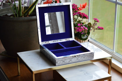 Vintage Indo-Persian Peacock Repoussé Jewelry Box – Ornate Hand-Chased Silver Tone Casket with Mirror & Blue Velvet Lining