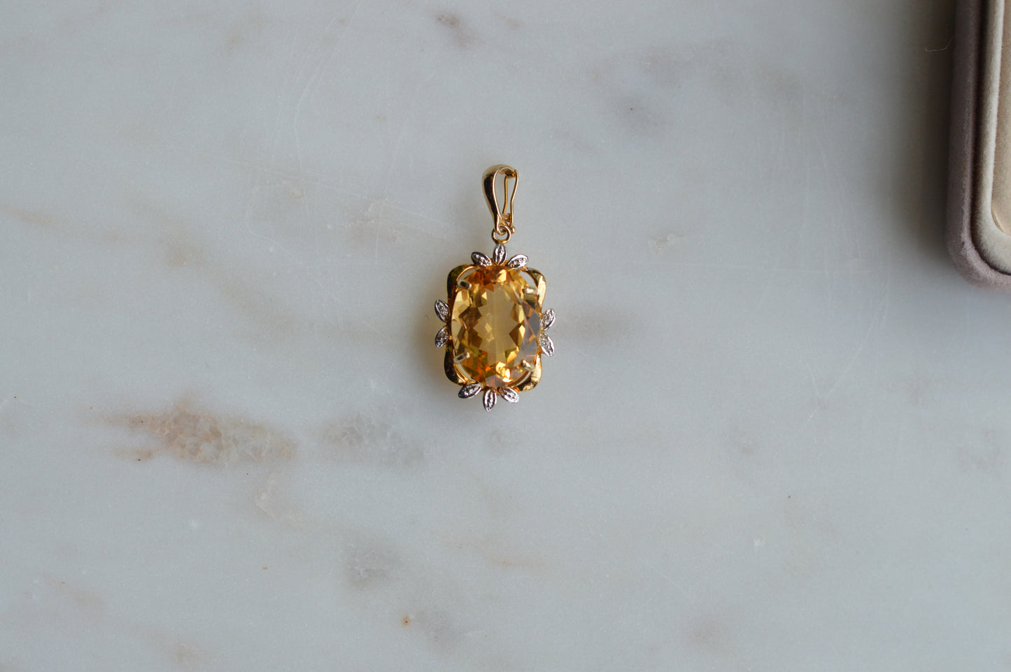Large Vintage 14K Gold Citrine & Diamond Pendant - Oval Pendant Floral Halo - Mid-Century Statement Estate Jewelry