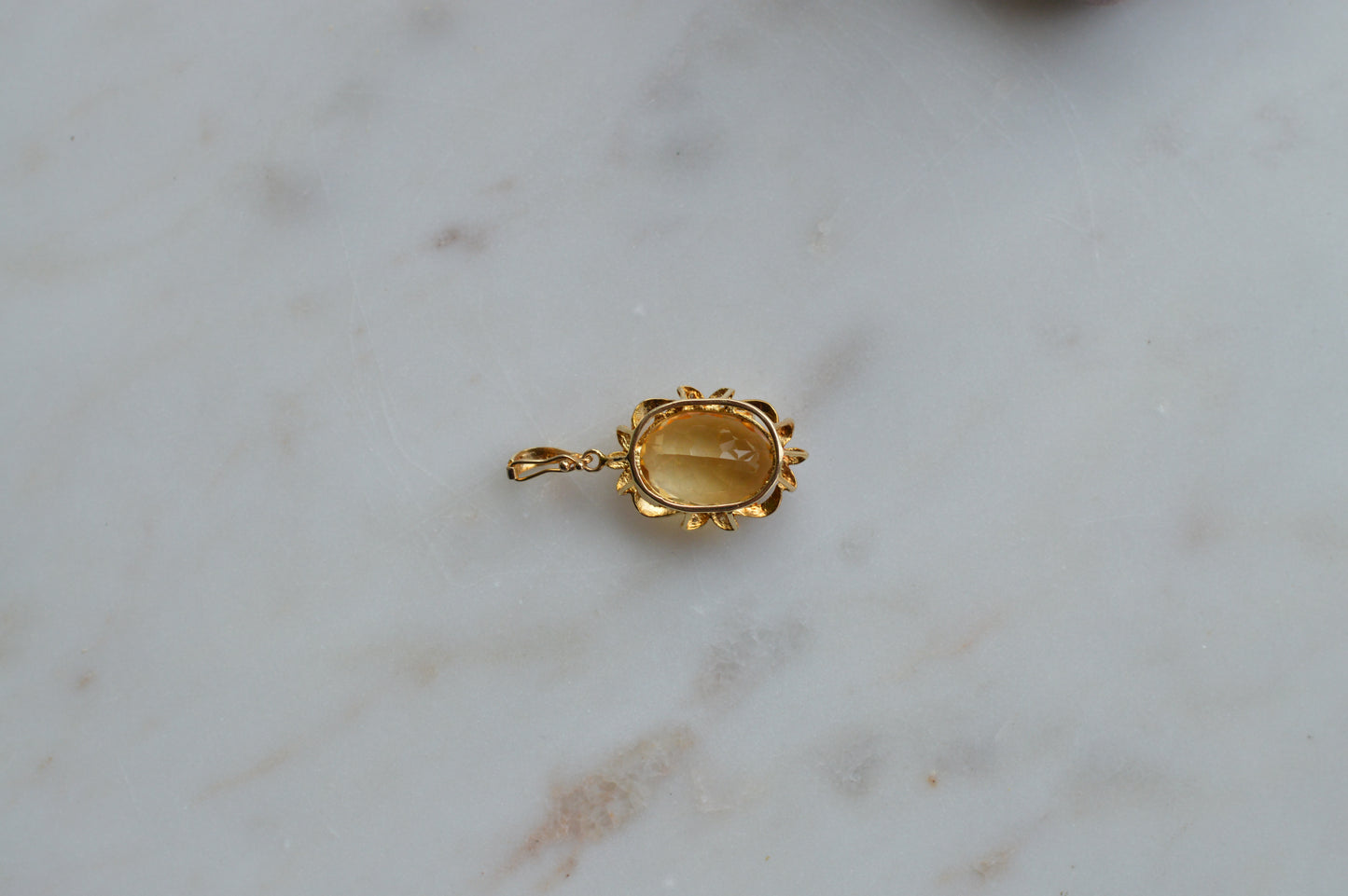Large Vintage 14K Gold Citrine & Diamond Pendant - Oval Pendant Floral Halo - Mid-Century Statement Estate Jewelry