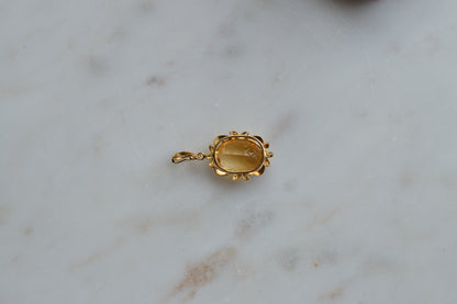 Large Vintage 14K Gold Citrine & Diamond Pendant - Oval Pendant Floral Halo - Mid-Century Statement Estate Jewelry